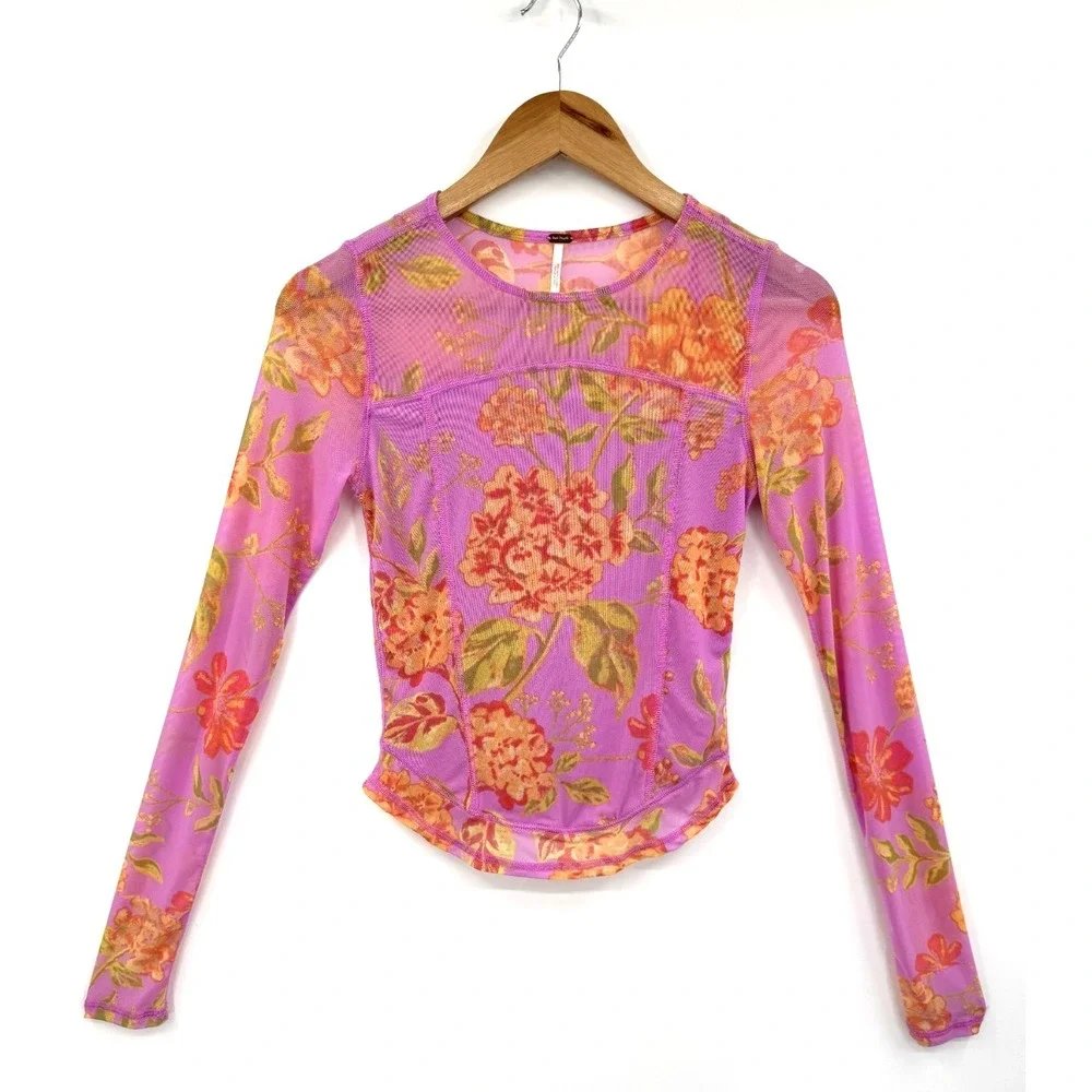 Free People Top Floral Mesh Long Sleeve Pink Orange Sheer Stretch S Fairy Boho